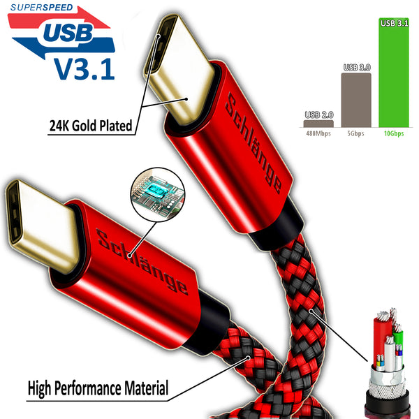 Super Speed USB V3.1 (3ft/6ft) (USB C to USB C) Cable Type C Nylon Braided (RED)