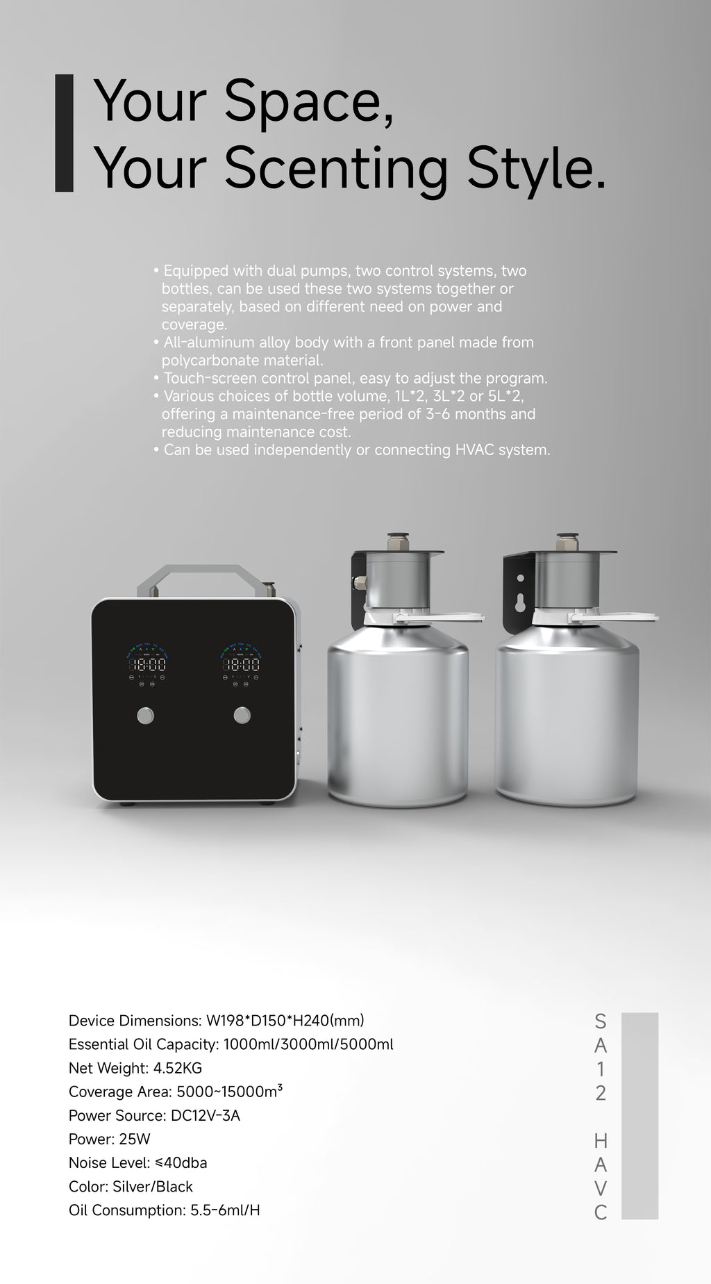 Commercial Large Space for HVAC Smart Aroma Diffuser Scenting Dual Bottle System Bluetooth