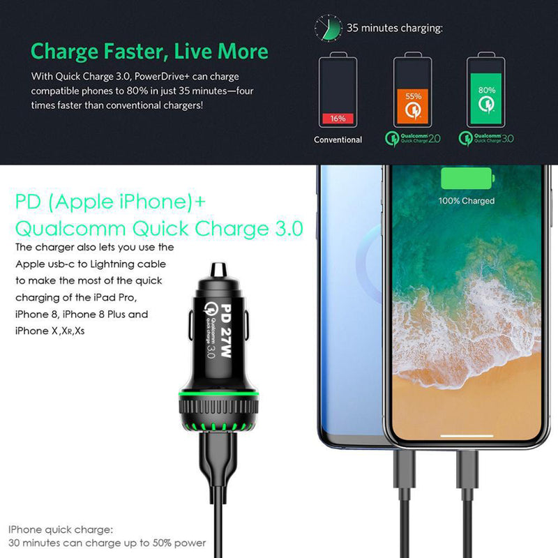 27W Dual with USB Type-C Fast Quick Car Charge PD/QC 4