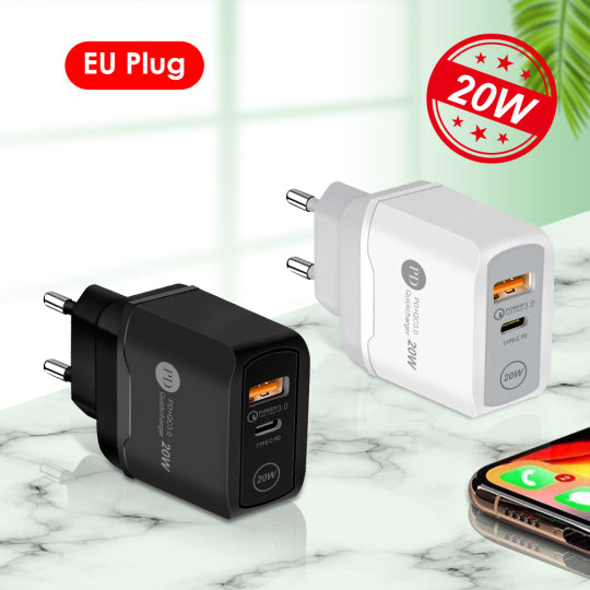 20W With Type-C Plug - Fast Quick USB Wall Charger Adapter