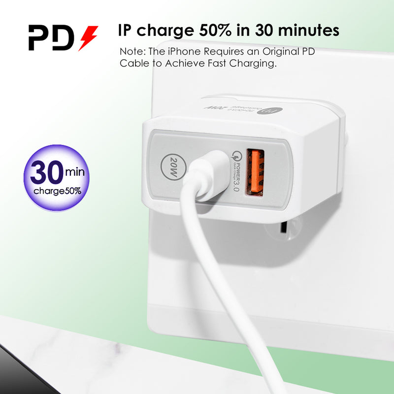 20W With Type-C Plug - Fast Quick USB Wall Charger Adapter