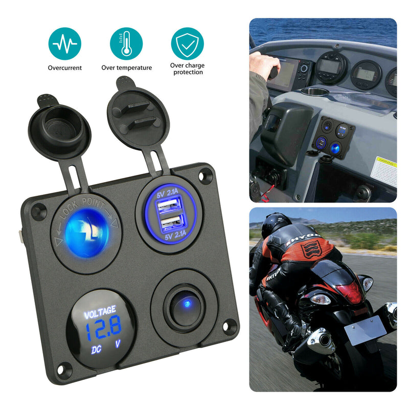 Dual USB Port Marine Boat Car RV Voltmeter 12V Socket 4 Hole Panel Switch Kit