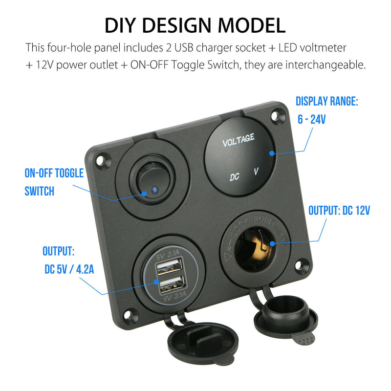 Dual USB Port Marine Boat Car RV Voltmeter 12V Socket 4 Hole Panel Switch Kit