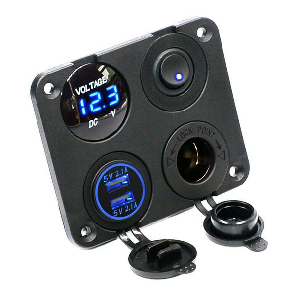 Dual USB Port Marine Boat Car RV Voltmeter 12V Socket 4 Hole Panel Switch Kit