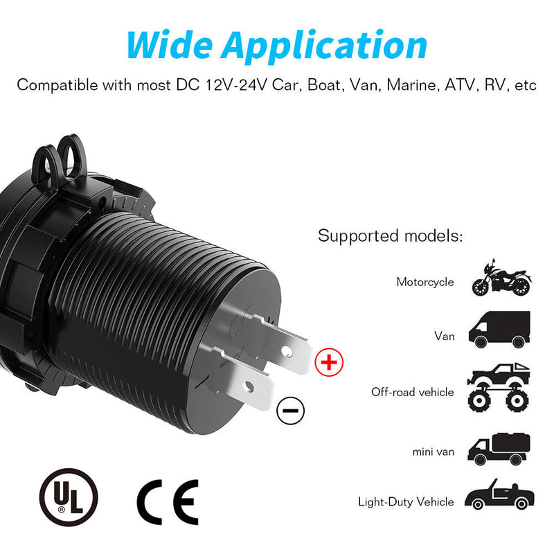 Dual USB Charger Socket Outlet For Car Boat, Motorcycle, Golf Cart