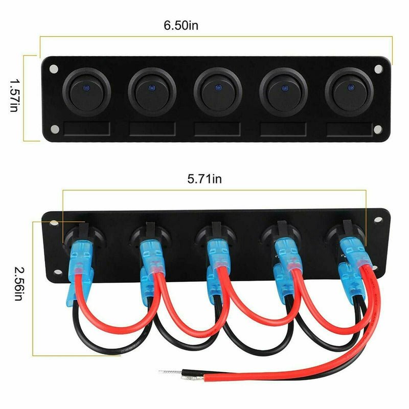 Car Marine Boat 5 Gang Waterproof Circuit Rocker Switch Panel Breaker (BLUE LED)