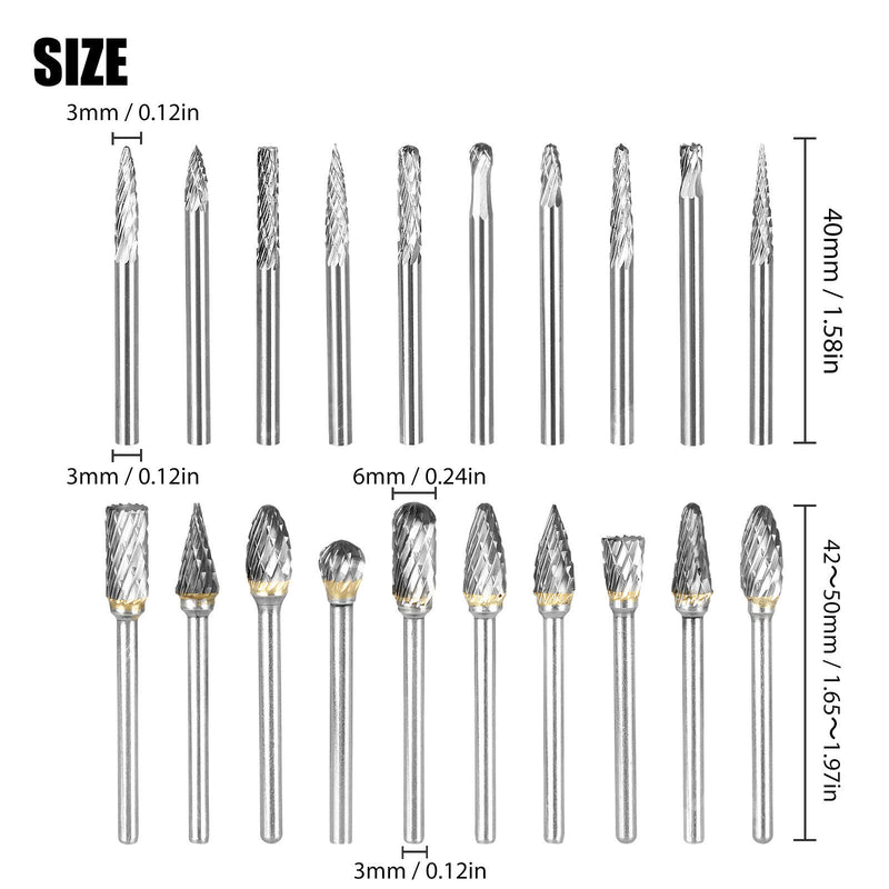 20Pcs Set Head Tungsten Carbide Steel Rotary Burr Die Grinder Bit Shank Carving