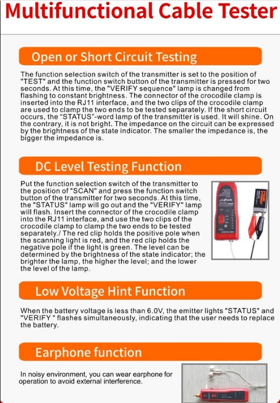 Network RJ45 / RJ11 Line Finder Cable Tracker Tester Sender Wire Tracer + Bag