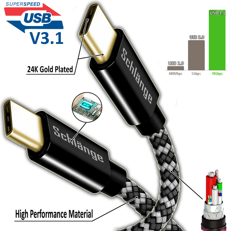 Super Speed USB V3.1 (3ft/6ft) (USB C to USB C) Cable Type C Nylon Braided (Black)