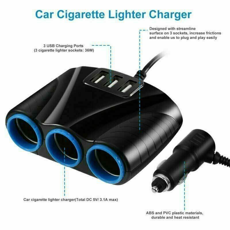 3 Way USB Car Charger,12V Power Adapter Plug,Cigarette Lighter Socket Splitter