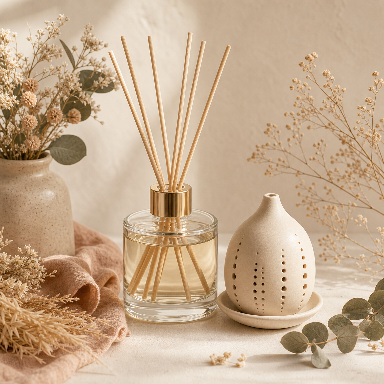Home fragrance diffuser with natural reeds