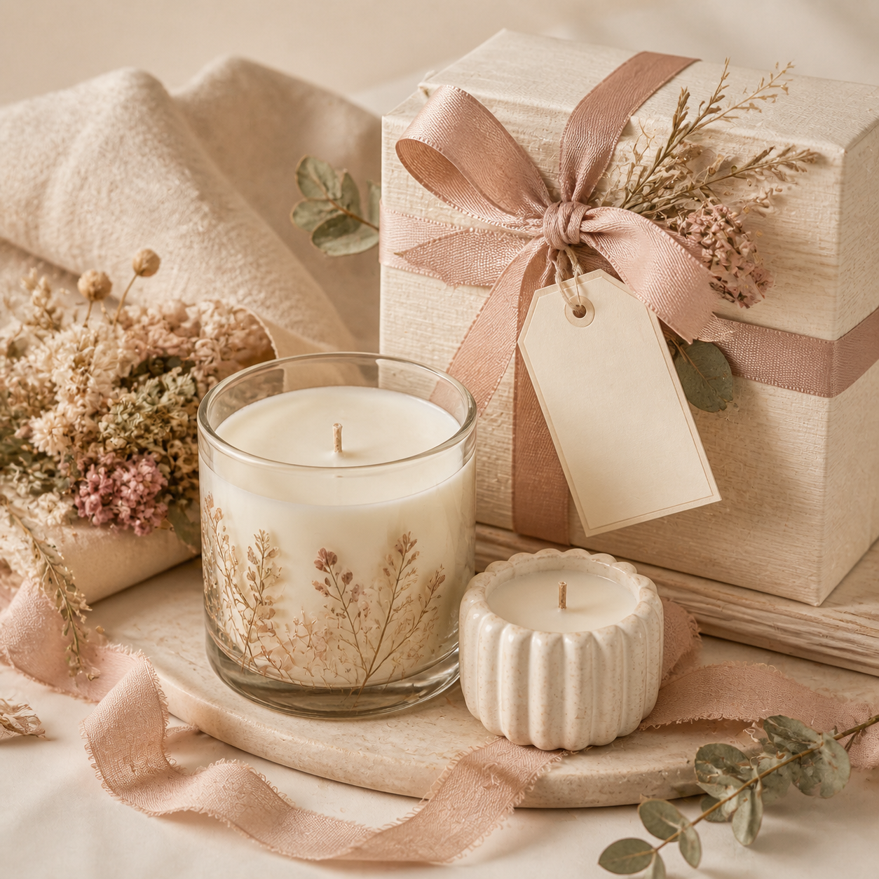Handmade candle gift set with blush ribbon