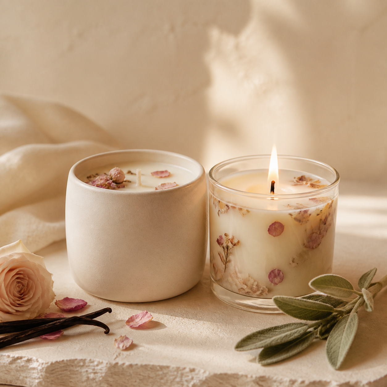 Warm handmade scented candles with botanical details